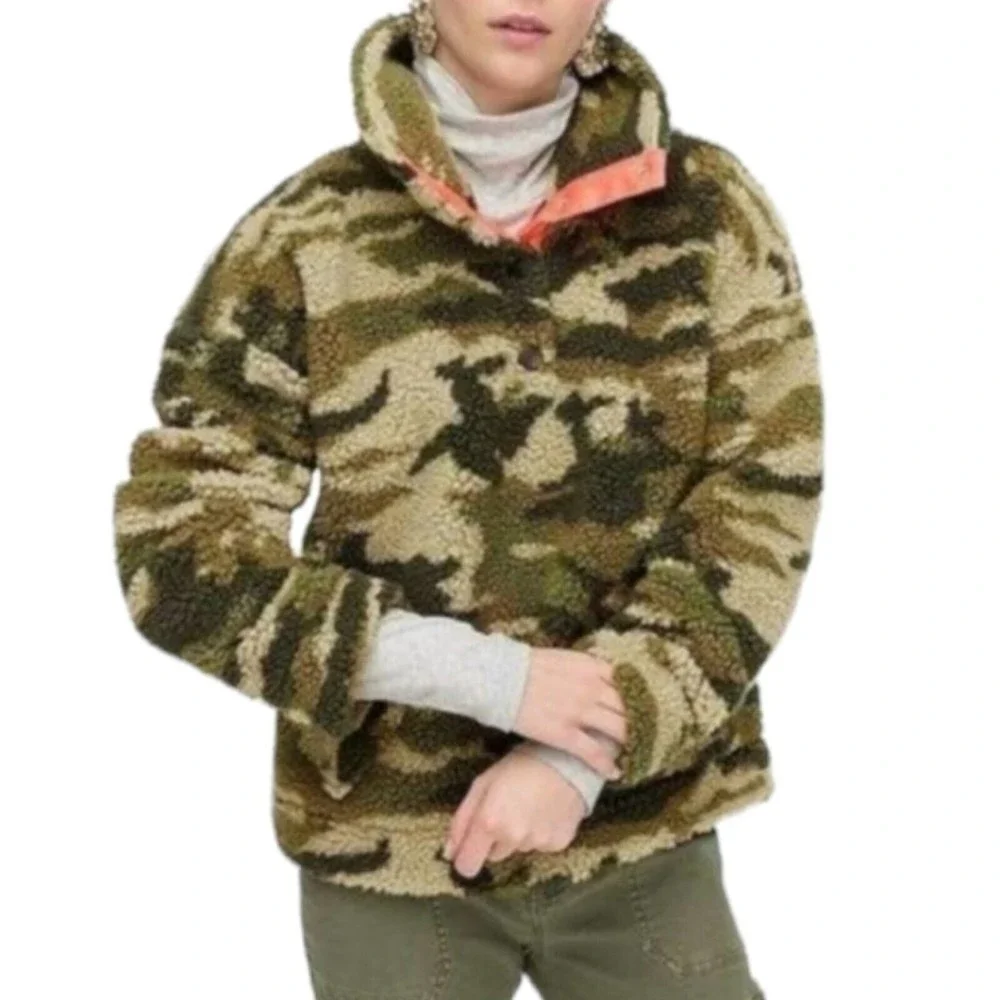 J.CREW Teddy Sherpa Fleece Camo Pullover Jacket Neon Coral Snap Collar Small